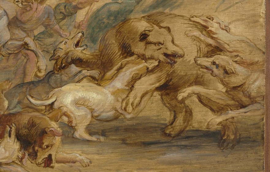 Look at the energy: men, horses, and dogs in violent pursuit.