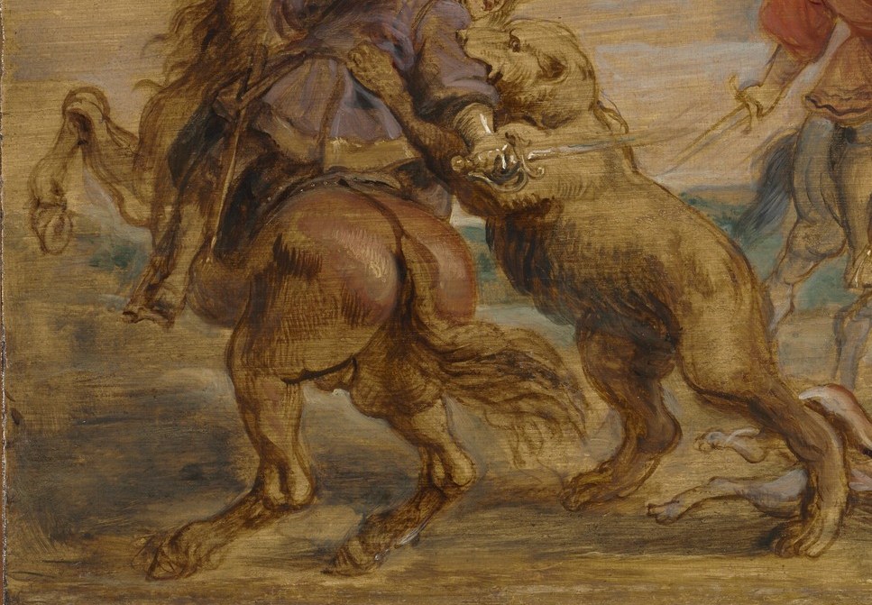 The powerful musculature and dynamic pose of the horse emphasize the raw energy of the chase.