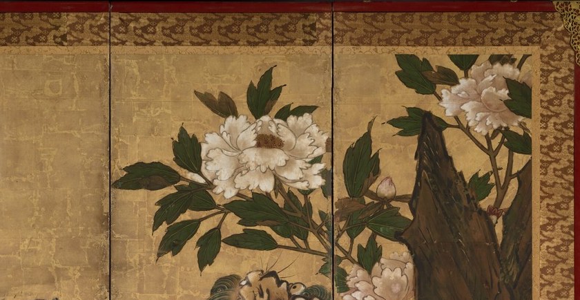 Peonies (botan) are the king of flowers in Sino-Japanese iconography, emblem of nobility and rank; their soft white petals consciously oppose the violent energy of the felines below