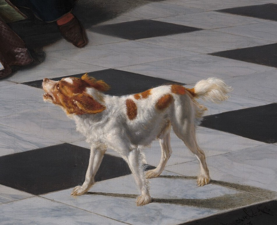 The dog's alert posture and open mouth add a dynamic element and a sense of domestic life.