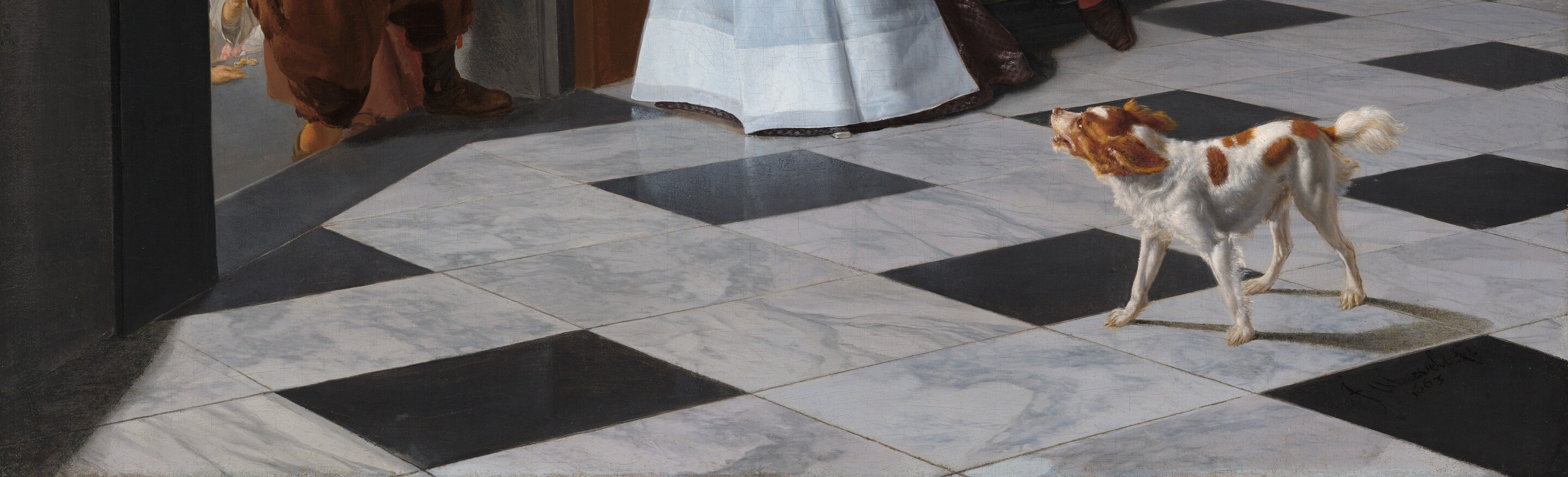 The sophisticated pattern and sheen of the floor emphasize the wealth and status of the dwelling.
