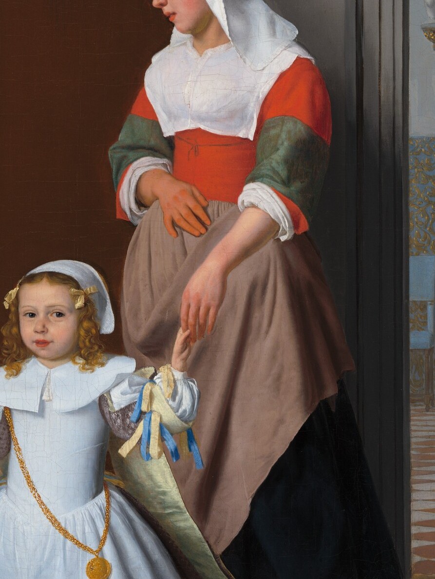 The nurse's red apron signals her role in this wealthy household.