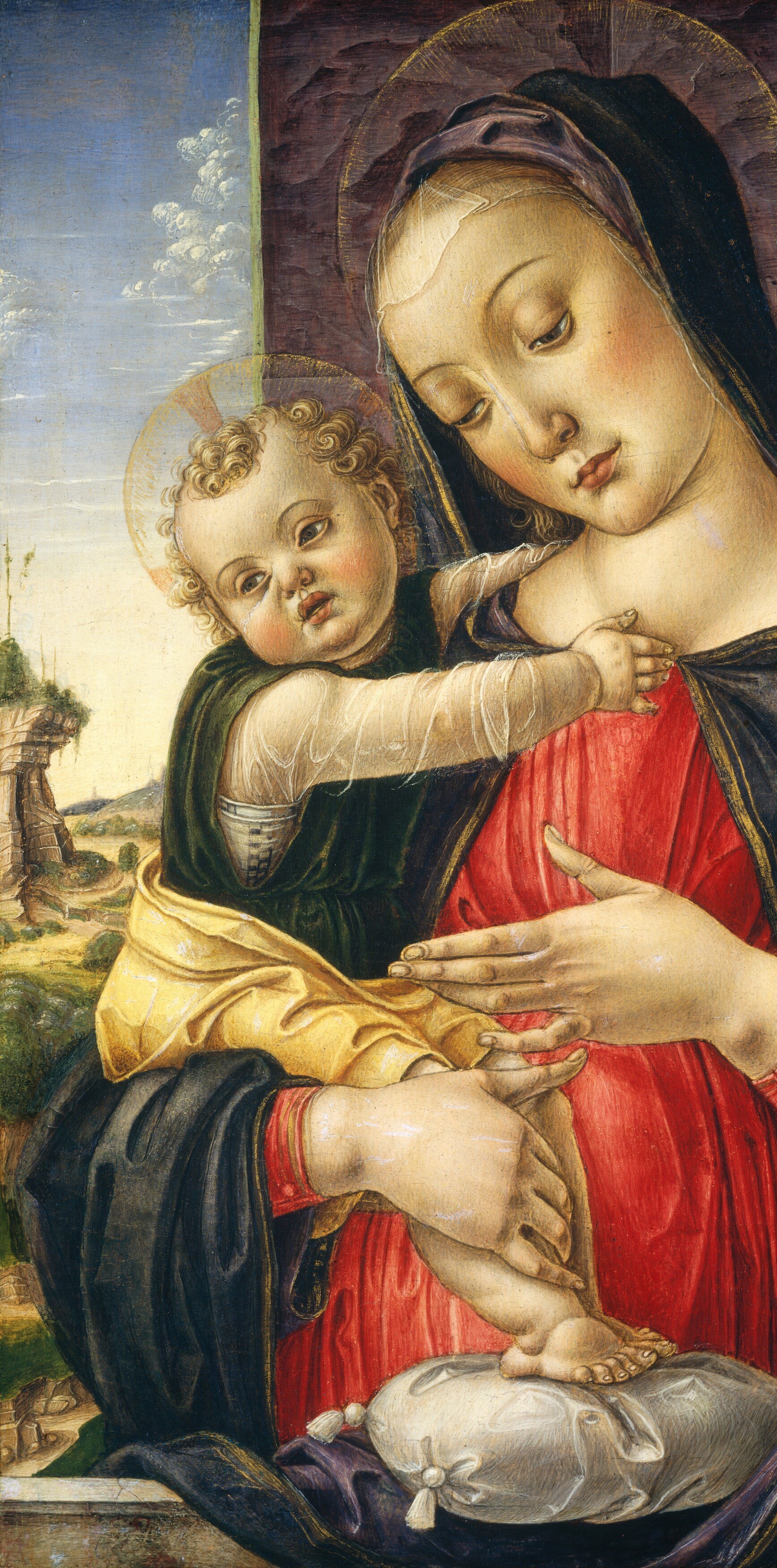 The ultramarine mantle , likely costly lapis lazuli pigment , dominates the left two-thirds of the panel; its crisp folds demonstrate Zoppo's drapery technique and signal the Virgin's celestial identity.