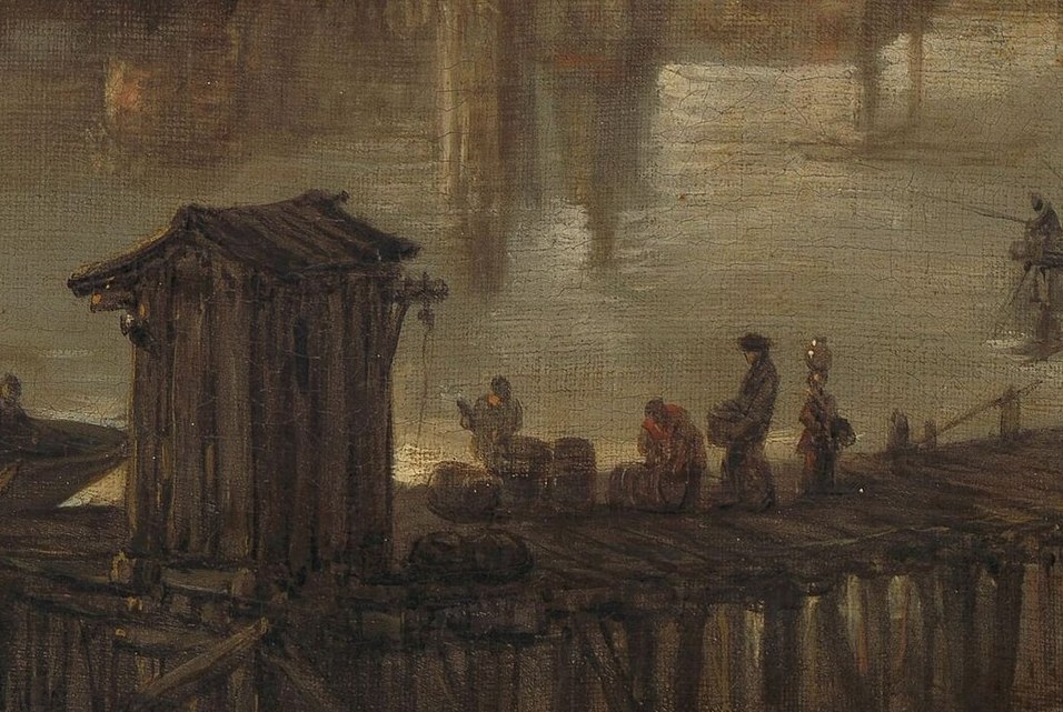 Tiny figures inhabit the dock.