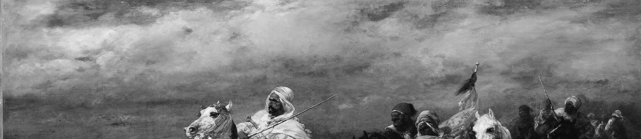 Cloud break at upper-left floods the riders with raking light while the rest of the sky roils , a 19th-century convention for adding moral urgency to military scenes, here executed with atmospheric conviction
