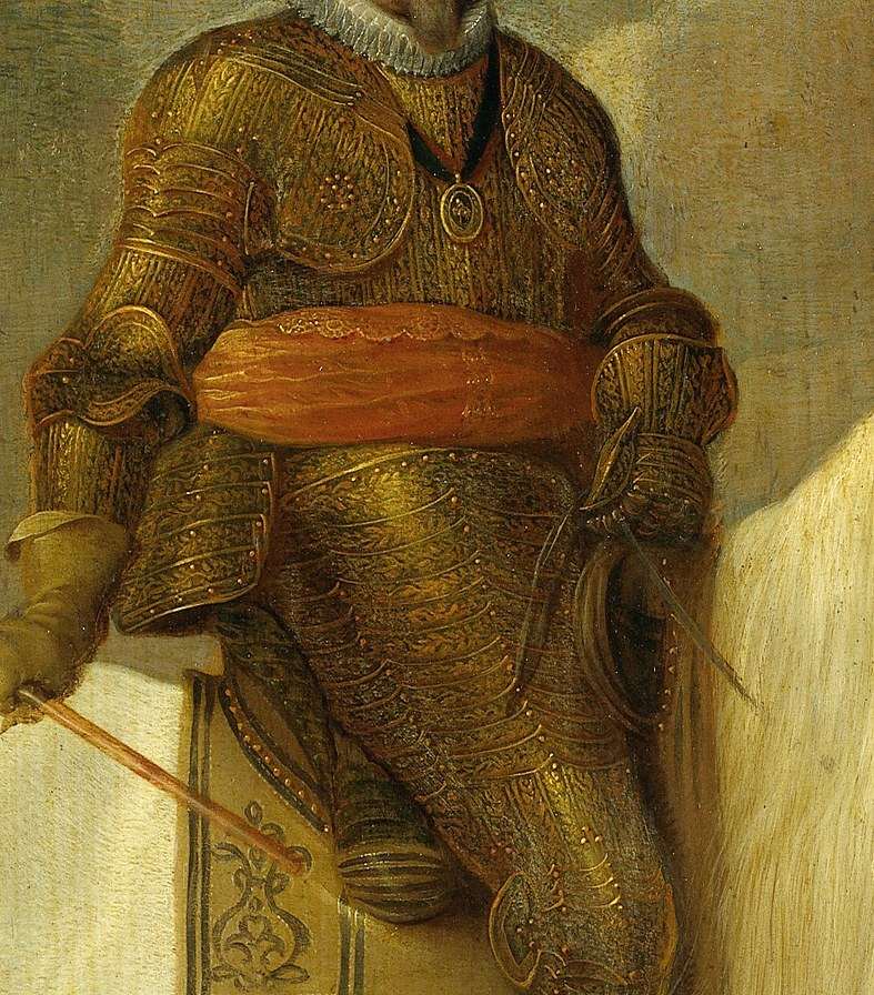 The intricate gold detailing and rich textures highlight his status and the wealth of the era.