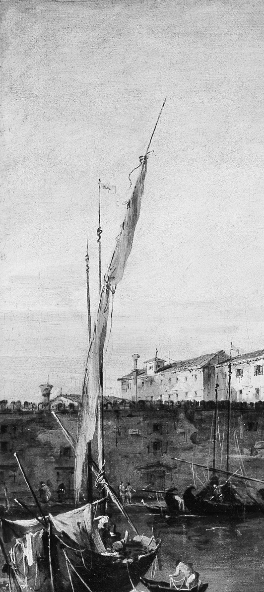 The towering spars and loose rigging create a dramatic vertical counterweight to the church's dome , their scale hints at Venice's maritime commerce identity; figures visible at deck level give a sense of working harbour life.