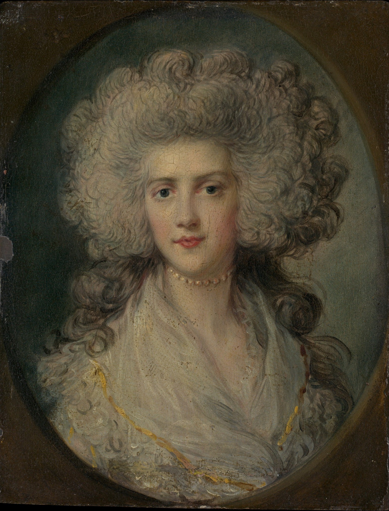 The dark, plain background serves to isolate and emphasize the sitter, making her features the primary focus.