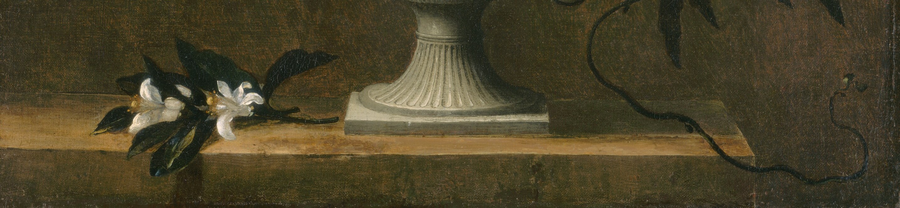 The shallow horizontal stage on which the vase rests; its cool stone texture grounds the composition and was a standard illusionistic device in Flemish-French still life.