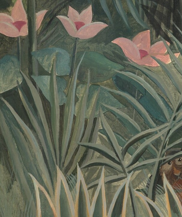 unnaturally large relative to the animals below , Rousseau's signature scale distortion that turns botany into dream