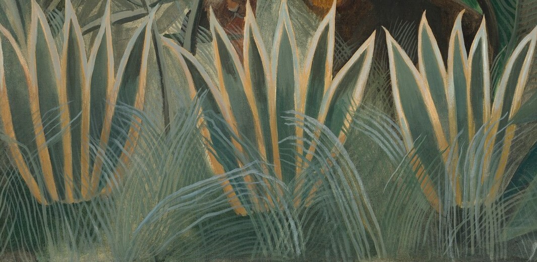 the rigid geometric spikes form a defensive barrier at the painting's base, separating the viewer from the jungle interior