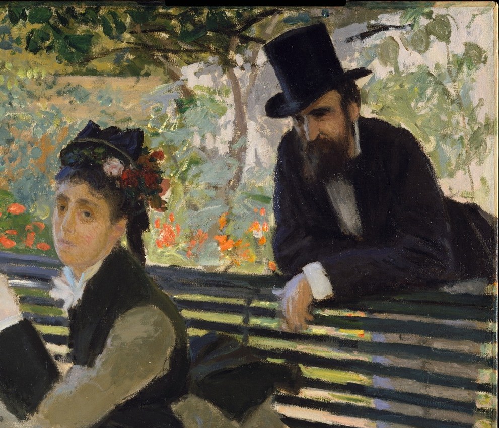The hottest color zone in the painting; Monet uses these unblended strokes of red to push the eye back to the figures and demonstrate the Impressionist principle of color as light.