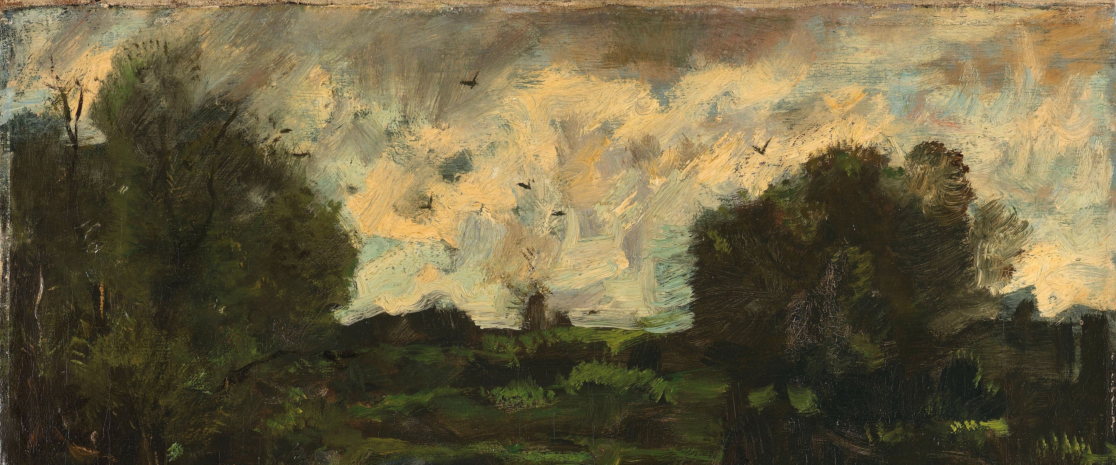 The turbulent sky suggests the recent passing of a storm, conveying a sense of dramatic atmosphere and transition.