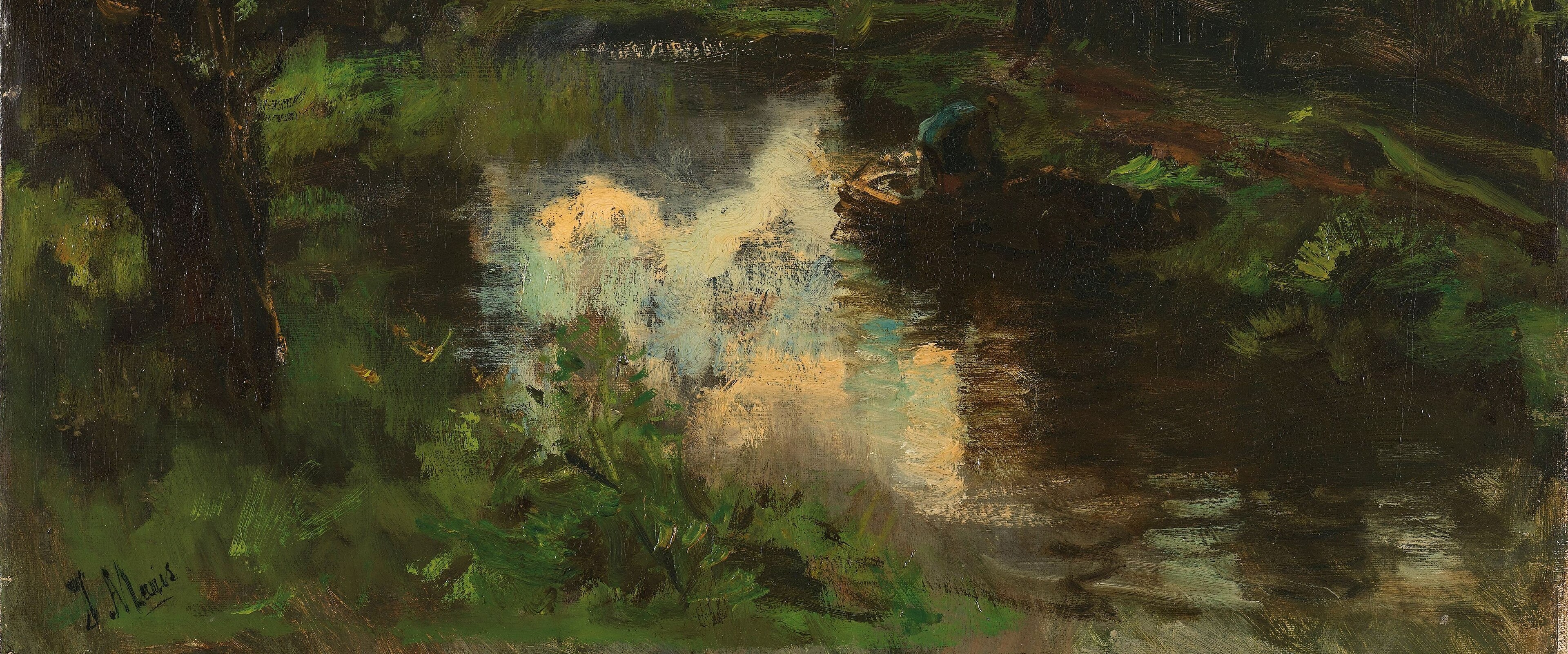 The water acts as a mirror, doubling the dramatic sky and trees, creating a sense of symmetry and depth.