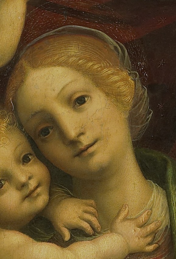 Her gentle gaze and soft features convey maternal love and a touch of melancholy.