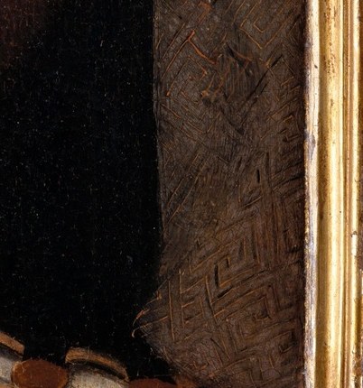 His left hand rests with calm assurance on his chest.