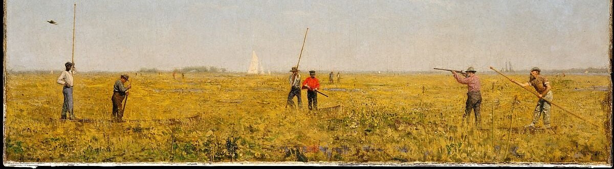 The dominant surface of the canvas; Eakins' fidelity to the tonal range of autumn marsh grass is the picture's chief sensory fact