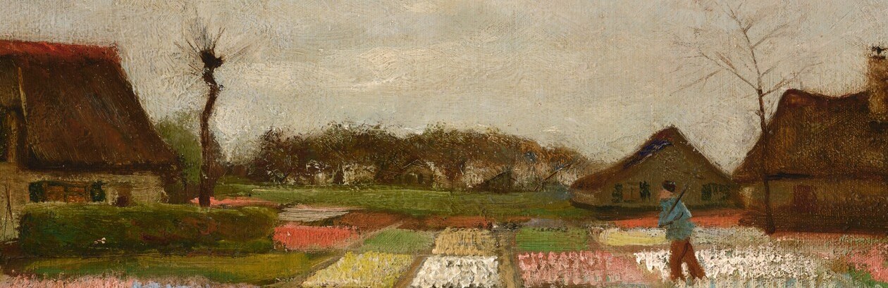 The central formal experiment of the painting: Van Gogh used the strips as a ruler-flat perspective exercise, a compositional discipline he was consciously studying in his Hague period.