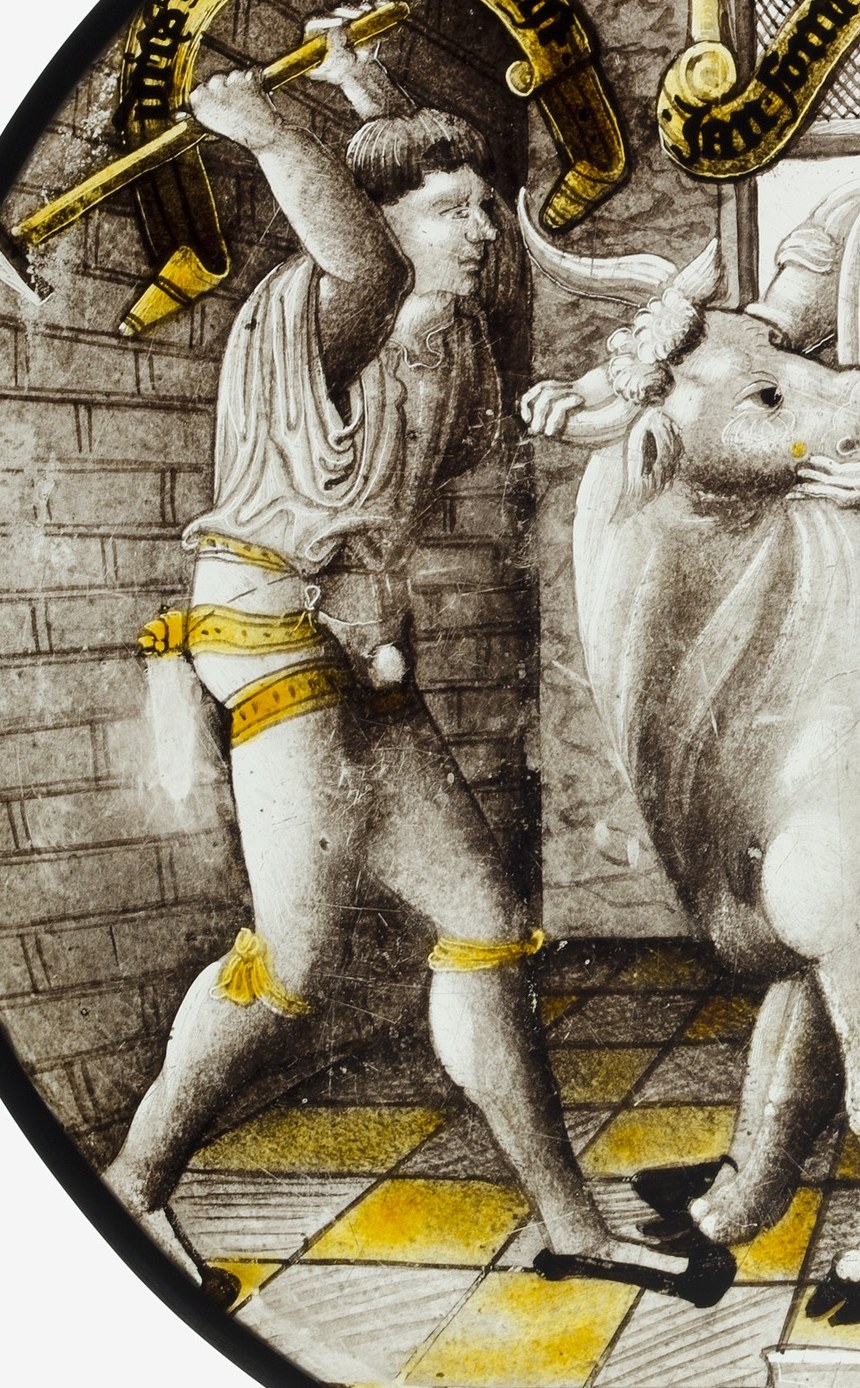The man with the axe is ready, but notice the woman.