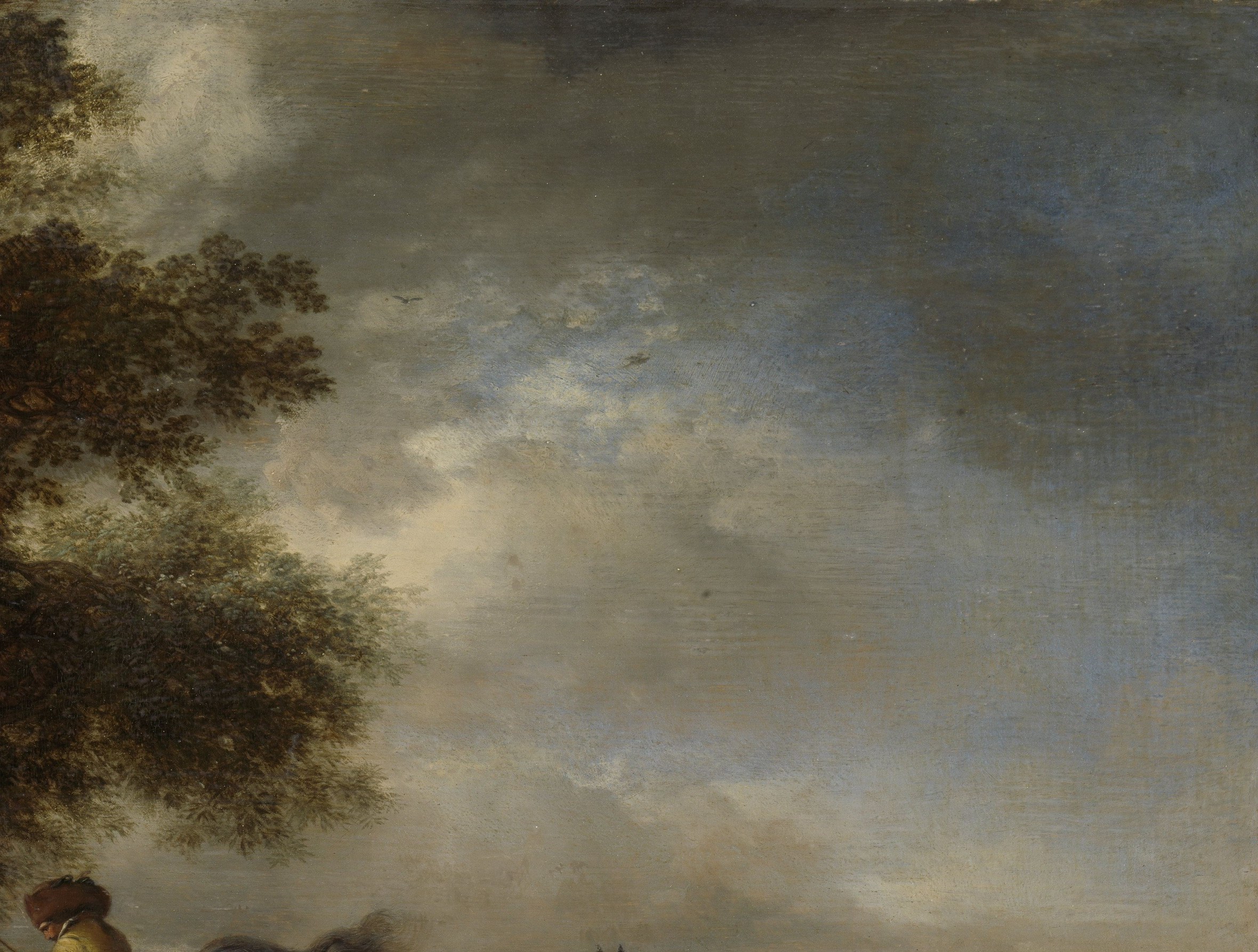 The interplay of light and shadow in the sky adds to the overall mood and dynamism of the painting.