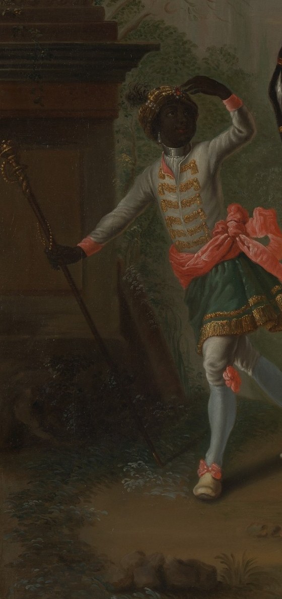 One of the 'Moors of the Imperial Court' , his presence signals wealth and cosmopolitan court culture; his pink-and-gold livery marks him as ceremonial, not military