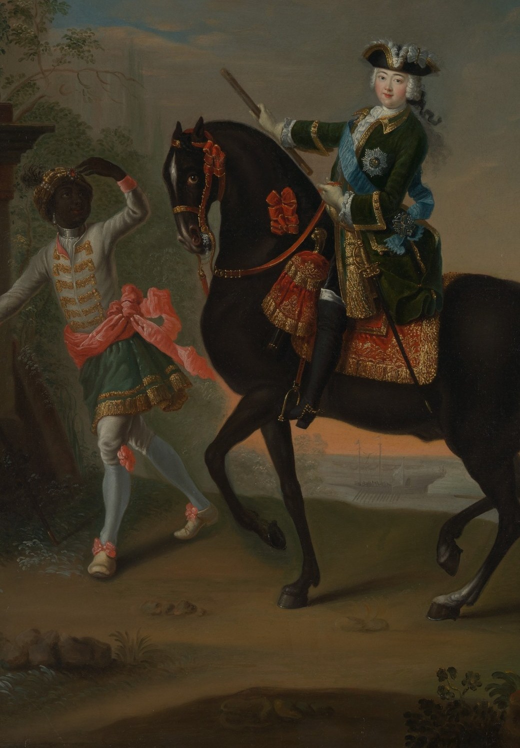 The richly decorated saddle cloth and bridle signal imperial wealth; the horse's raised foreleg conveys controlled energy and dominance