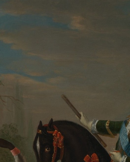 The horse's controlled, arching pose references classical equestrian statues of victorious rulers; its dark coat contrasts sharply with the Empress's pale jacket