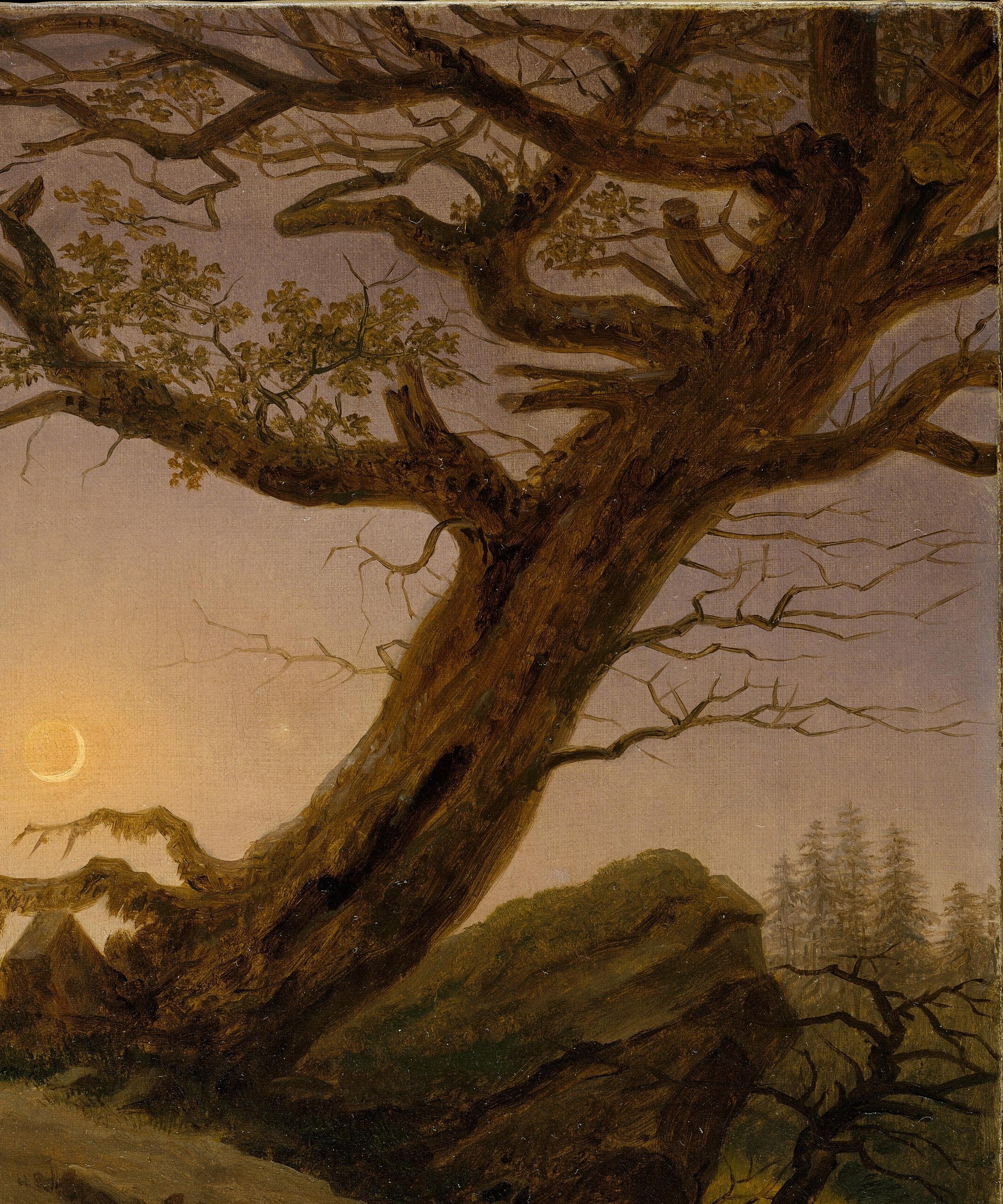 The oak was the supreme symbol of German national identity; its ancient, weathered scale dwarfs the figures, invoking geological and historical time against human brevity
