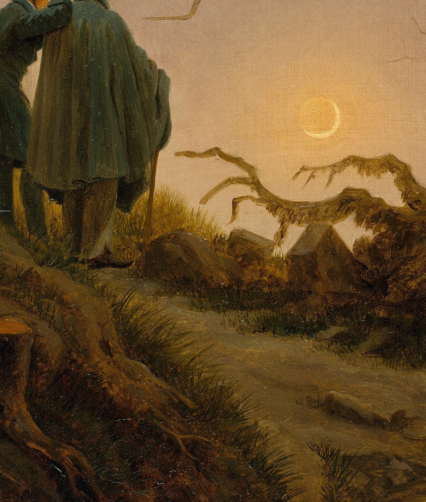 Friedrich's famous Rückenfigur technique , by showing only backs, he makes the viewer the third contemplator, pulled into the scene rather than observing it