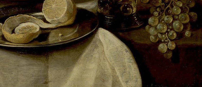 The soft folds and subtle shadows of the tablecloth create a sense of volume and texture, anchoring the composition and providing a stage for the still life.