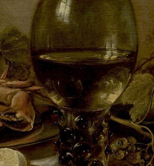 The glass's transparency and the way it distorts the view of the background demonstrate the artist's skill in depicting light and reflection, adding depth and realism.