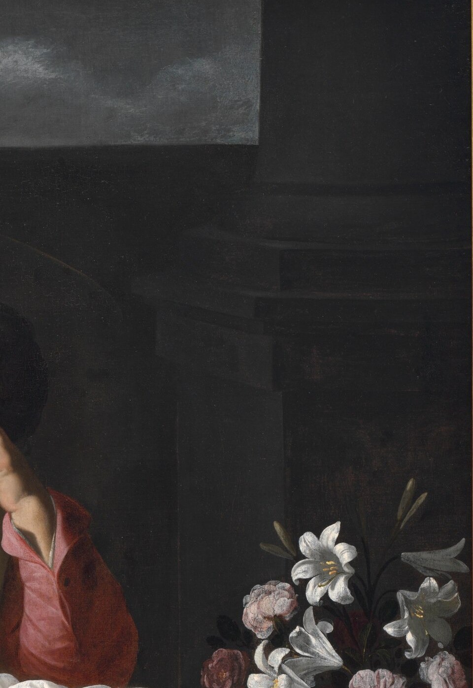 White lilies and roses: the signature of the Immaculate Conception.