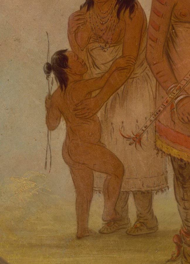 Here, a woman cradles her child, reflecting family bonds.