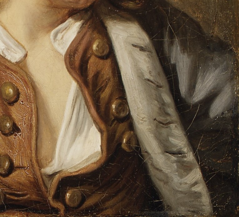 His jacket’s texture is also just painted strokes.