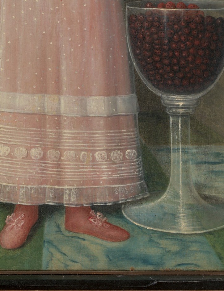 Disproportionately large relative to the child , an emblem of family wealth and seasonal abundance; strawberries in 1805 were luxury items, signaling status.