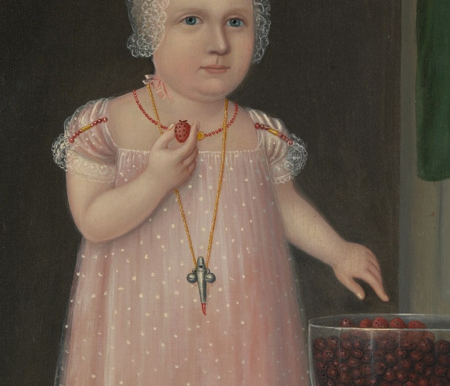 The Empire-style silhouette with white trim is period-precise for 1805; the soft pink is the compositional dominant color and marks the child as feminine and privileged.