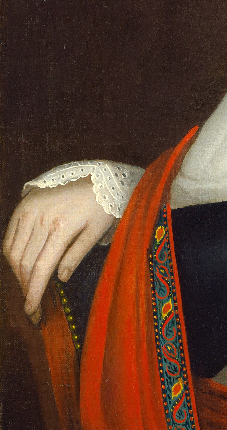 The red shawl is the only break in the palette. A deliberate shock.