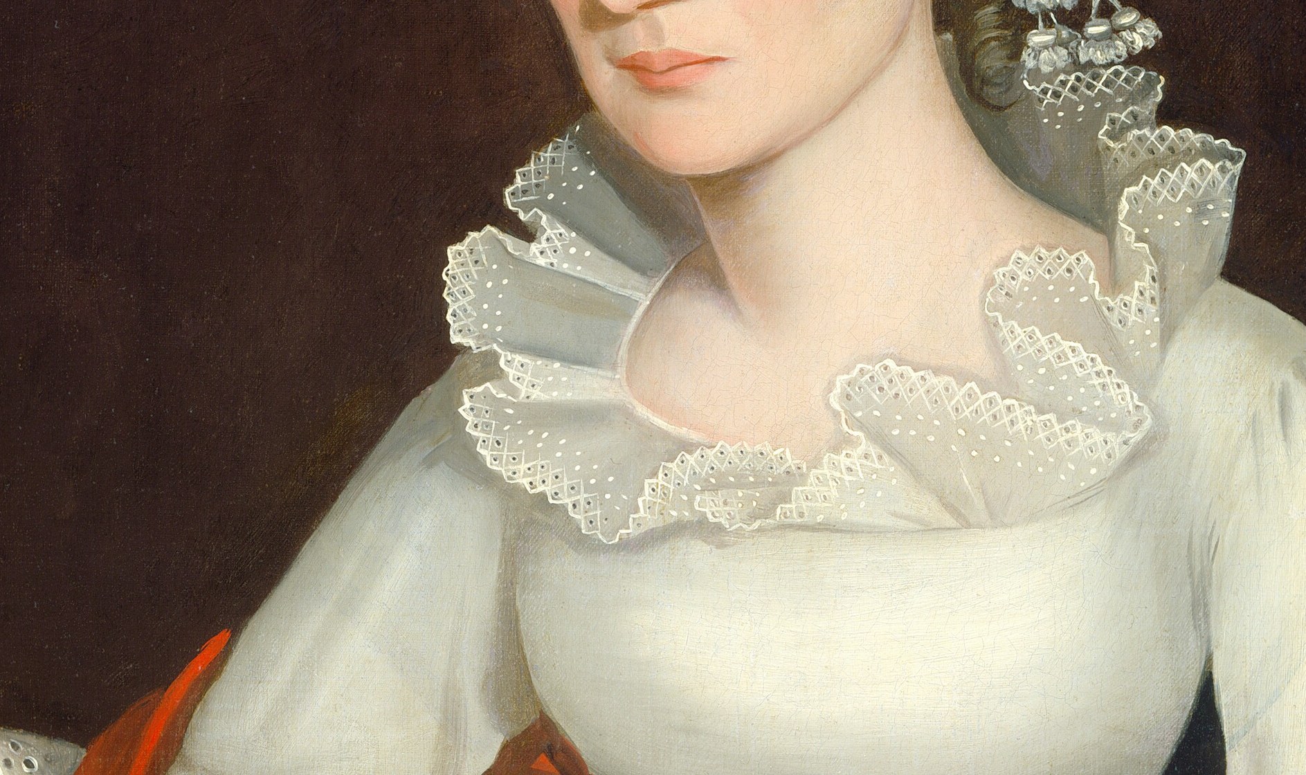 The high-waisted Regency silhouette anchors the painting's title; subtle shadow folds across the bodice show Phillips modeling fabric with greater confidence than in some of his simpler folk works.