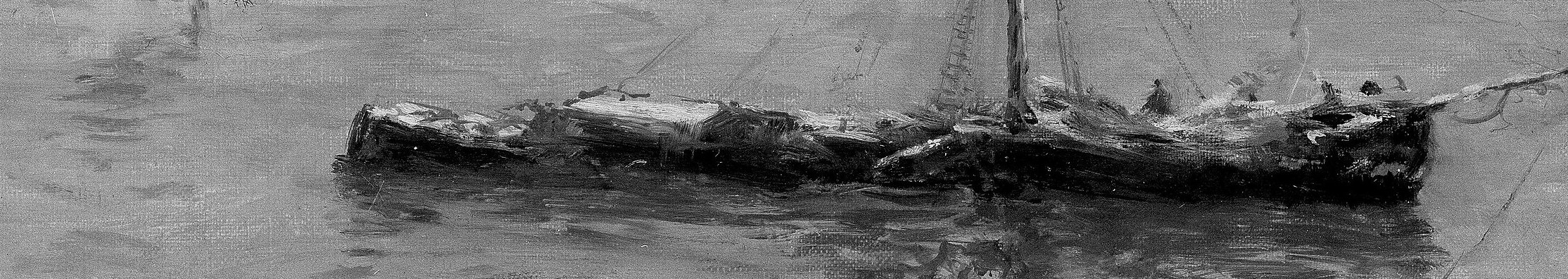 Its masts are bare, and it rests on the frozen water, emphasizing the dormant state of winter.