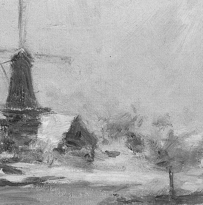 The windmill's sails are still. No wind, no grinding.