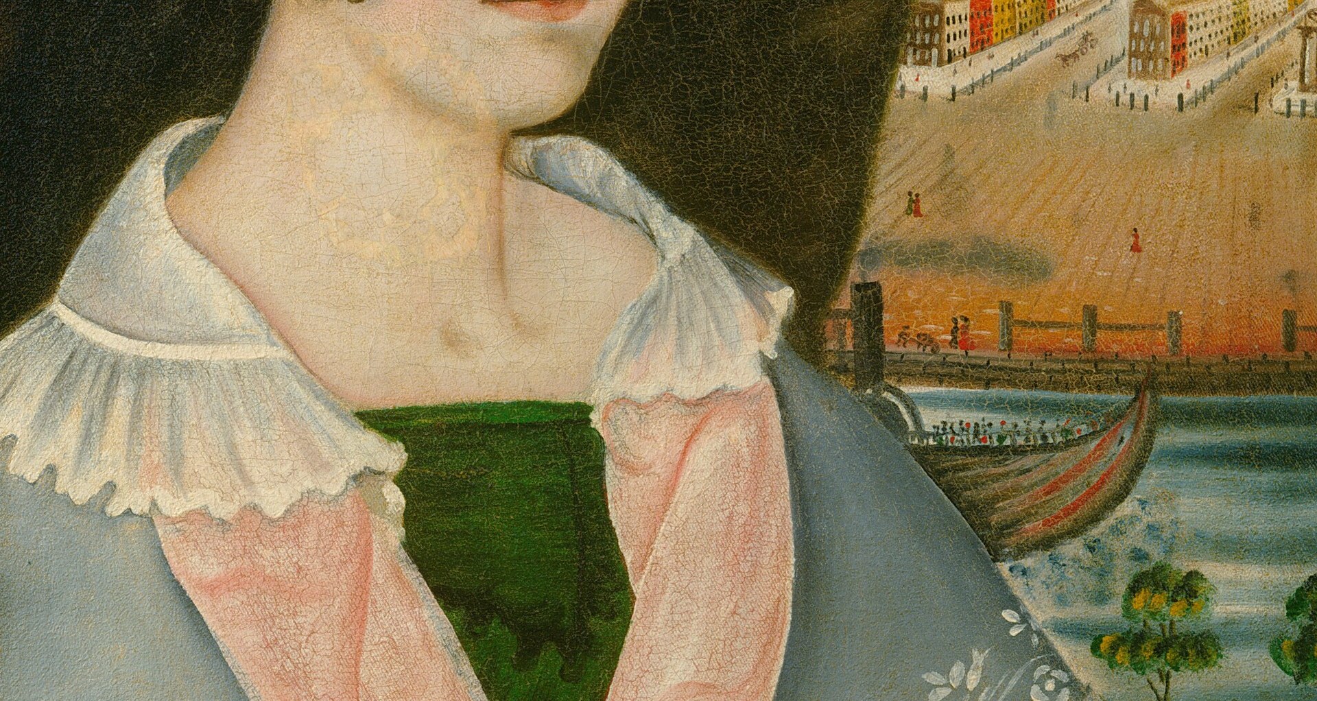 The intricate ruffles and crisp white fabric suggest wealth and attention to detail in her attire.