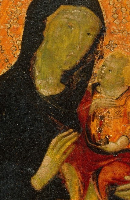 The Child raises a blessing hand , a small gesture loaded with theological weight, typical of early Sienese tradition