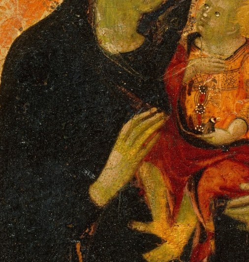Gold-highlighted drapery folds frame gentle hands , a Renaissance study in tender support and sacred geometry