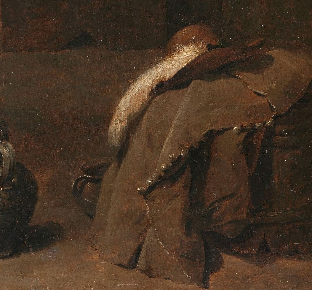 A fur-lined coat suggests a wealthy patron.