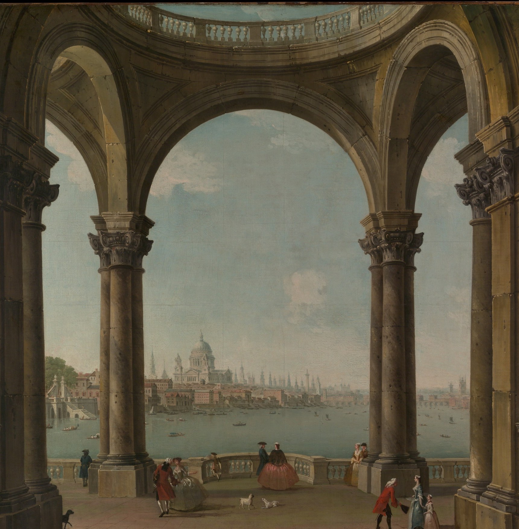 The compositional engine of the capriccio , its theatrical scale dwarfs the figures and turns the London skyline into a stage set glimpsed through a proscenium.