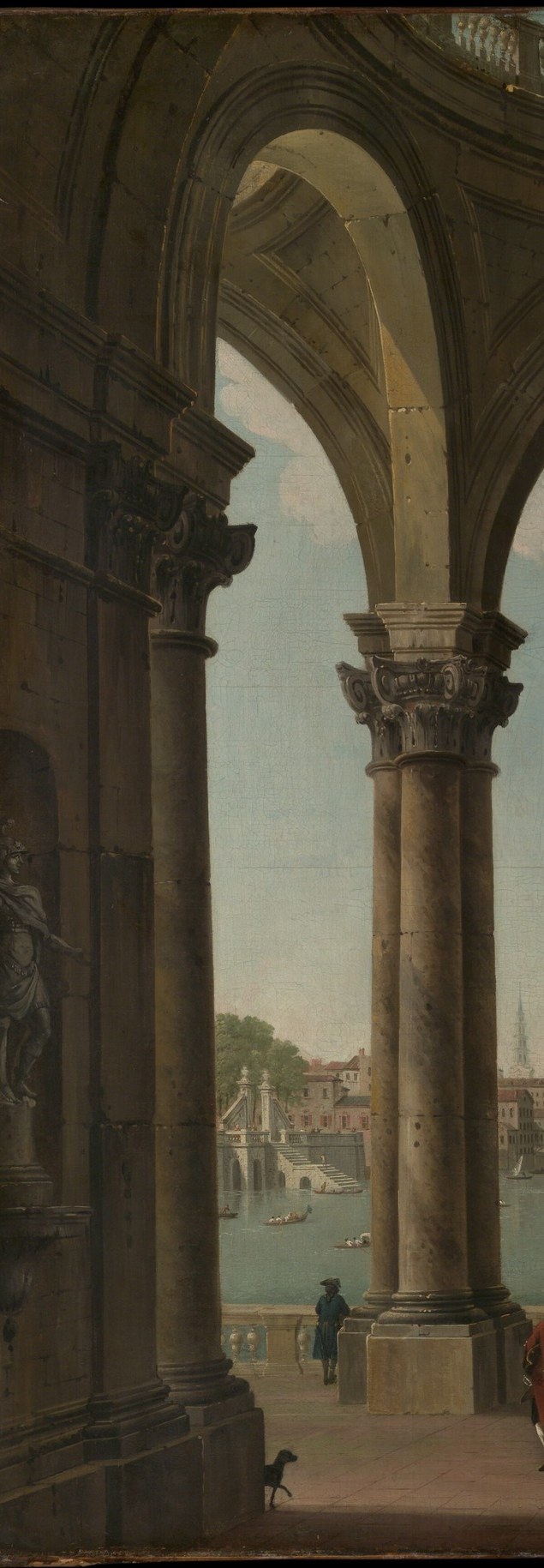 The columns are heavier and more Roman than anything actually on the Thames bank in 1748, marking this as invented architecture grafted onto a real cityscape.