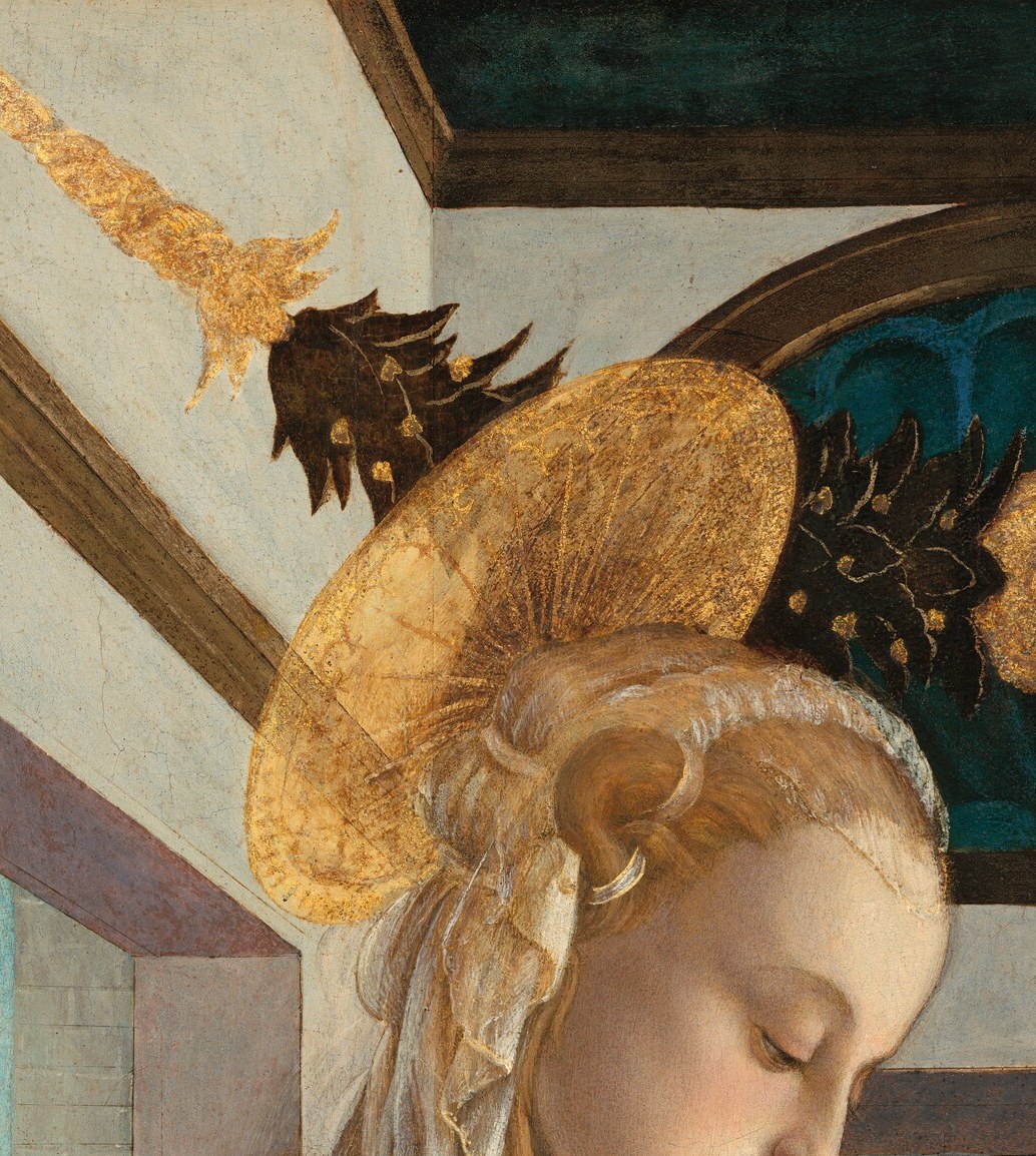 The Virgin Mary looks downward, lost in maternal thought.