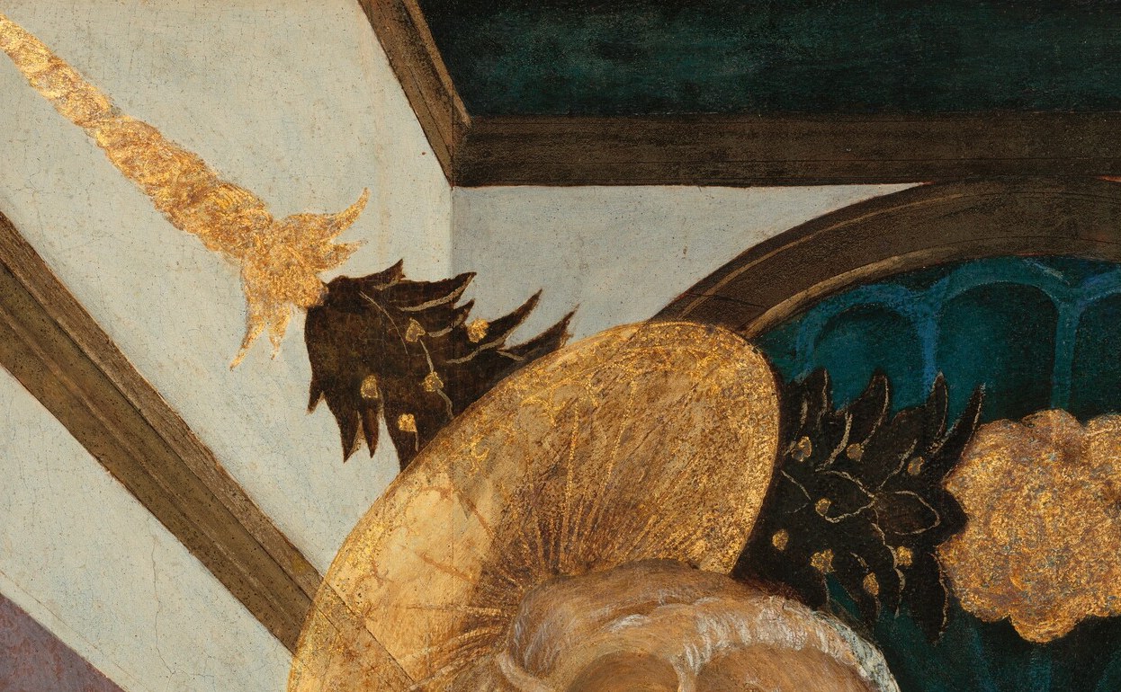 The punched-gold halo catches light differently from the painted flesh and fabric, a deliberate material contrast that signals divinity; a close-up reveals the tooled surface texture.