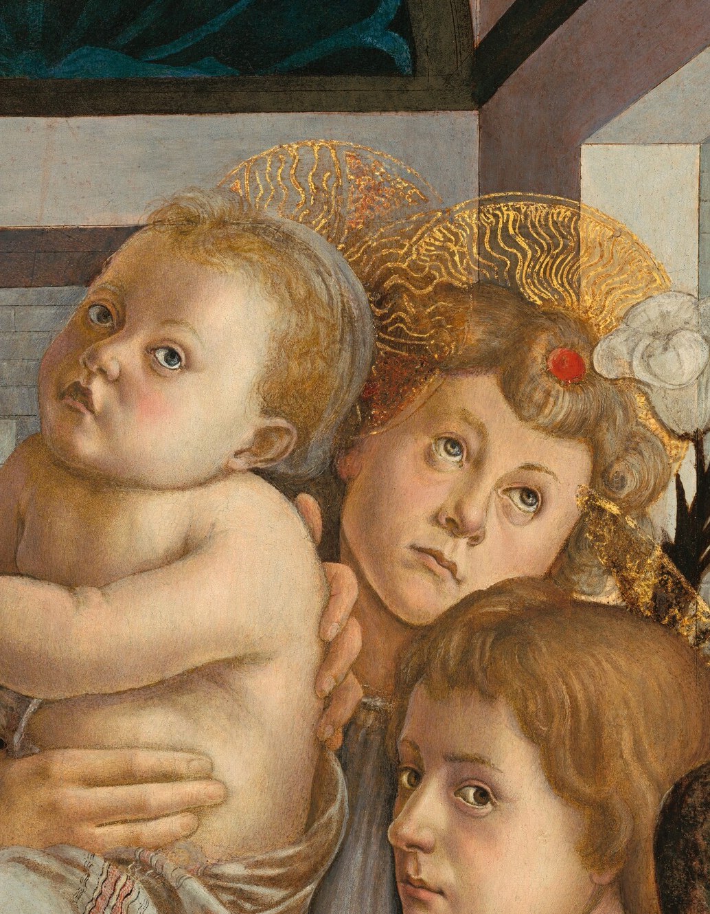 The angel's serene face echoes Mary's quiet reverence.