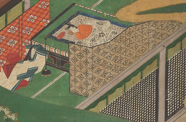 Likely a decorative writing box lid or sugoroku board; the sharp geometric pattern contrasts strikingly with the soft figure and gold ground, anchoring the domestic interior and signaling rank.